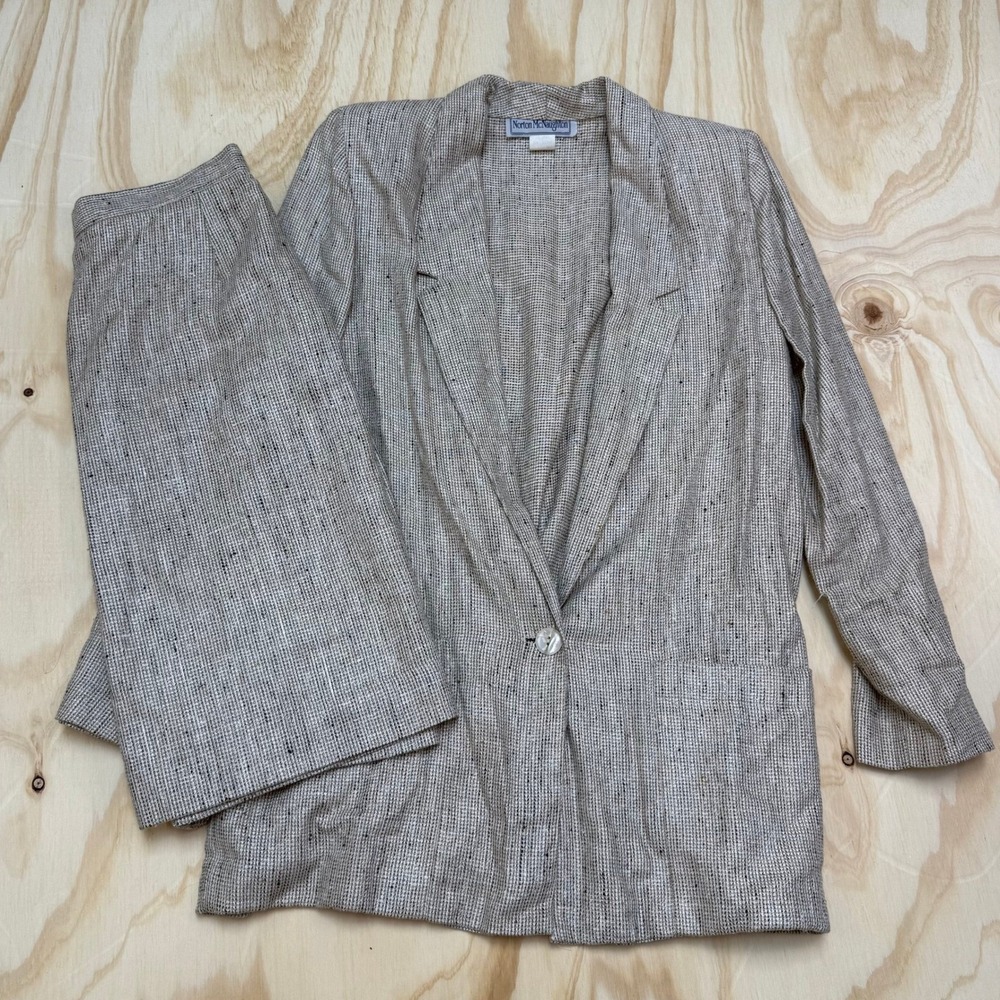 Norton McNaughton Vintage 90s Linen Blend Skirt Suit Set Beige Size 8 USA Made